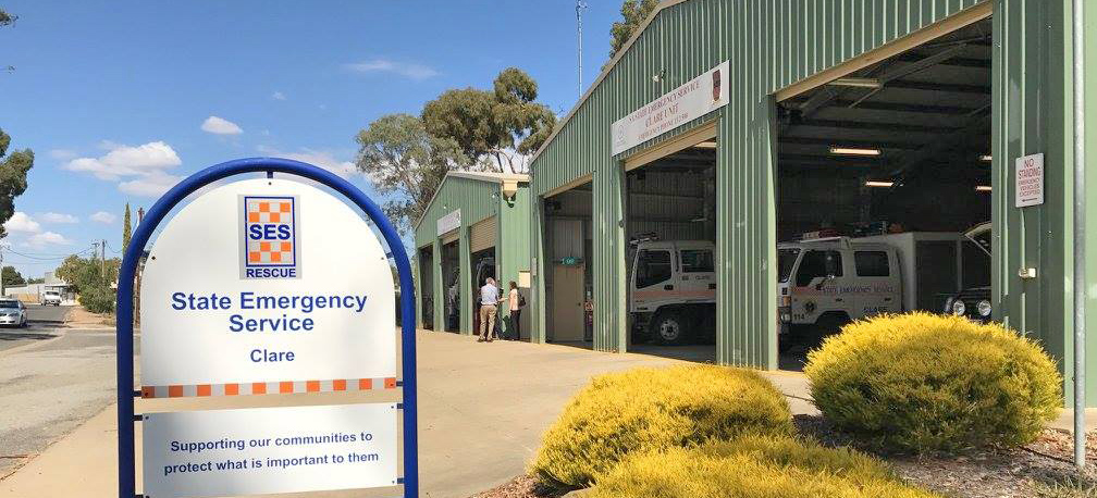 SA State Emergency Service Clare Unit building with SES rescue vehicles inside it