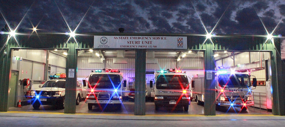 SA State Emergency Service Sturt Unit building with SES rescue vehicles inside it
